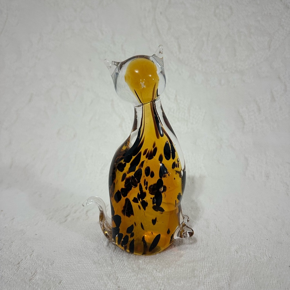 VTG MCM Crystal Glass Cat Figurine - Amber and Black